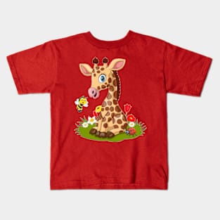 Cartoon little giraffe with bee in the grass Kids T-Shirt